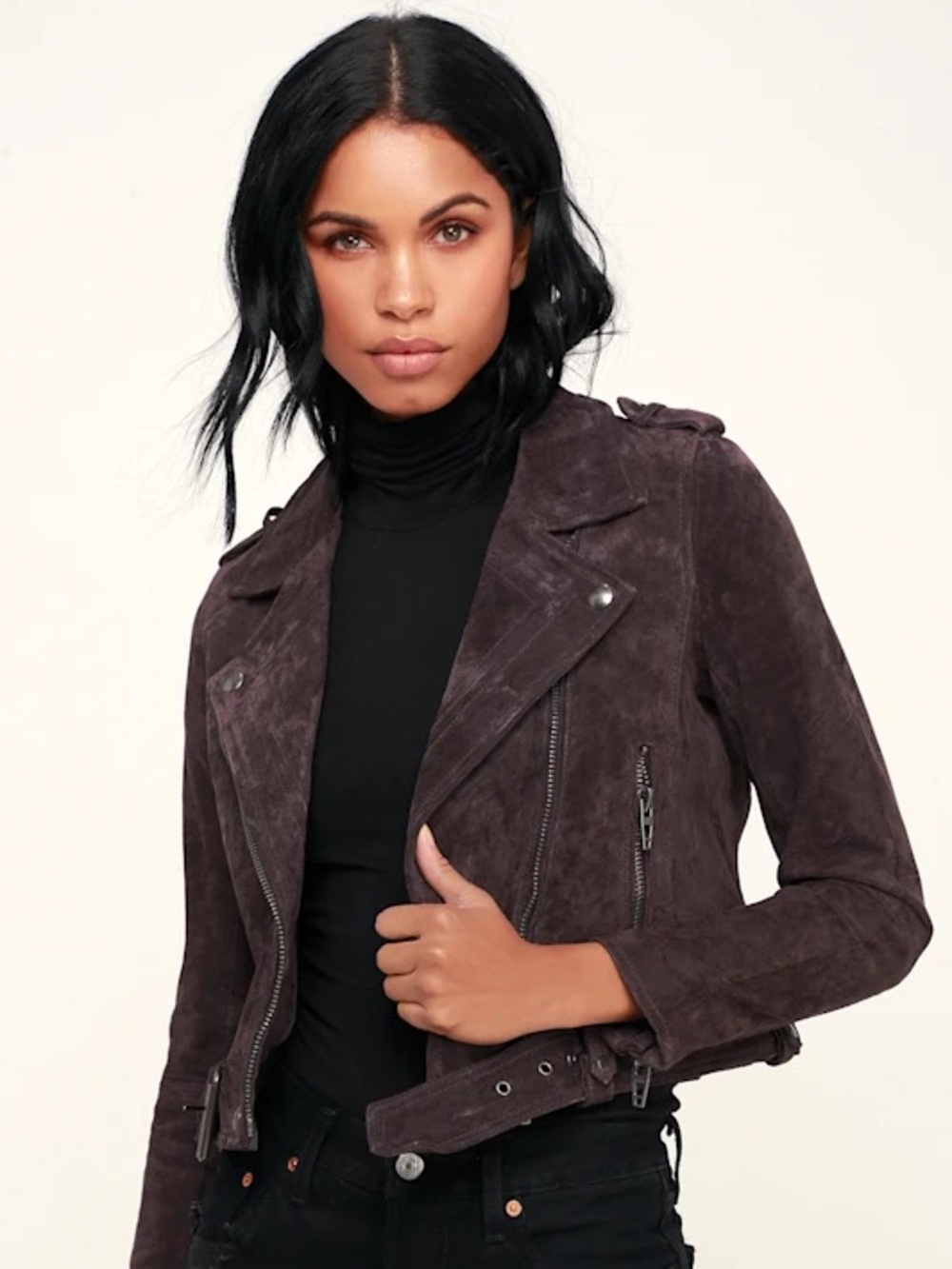 Blank NYC Cropped Suede Moto Jacket in Deep Brown XS